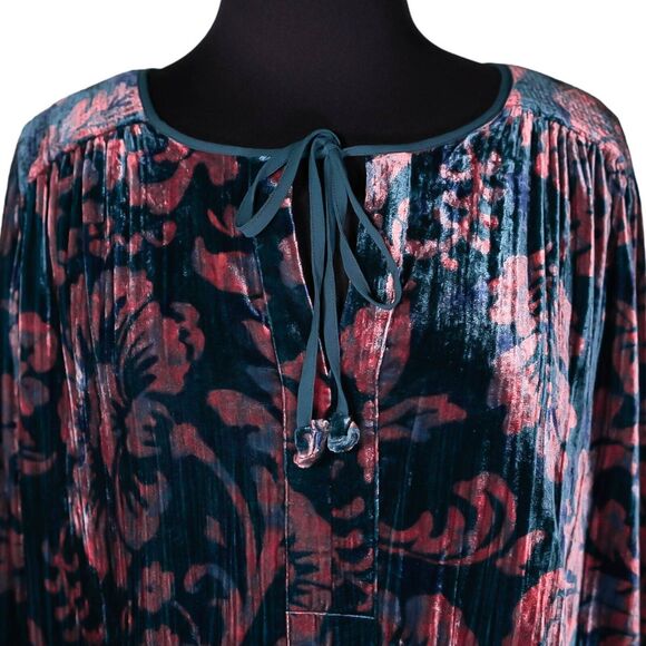 Anthropologie Women's Blouse Teal Peach Floral Velvet Oversized Tie Front Top L - Picture 4 of 10